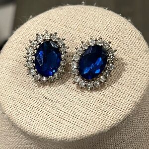 Elegant Blue and Silver Rhinestones Oval Pierced Earrings sapphire